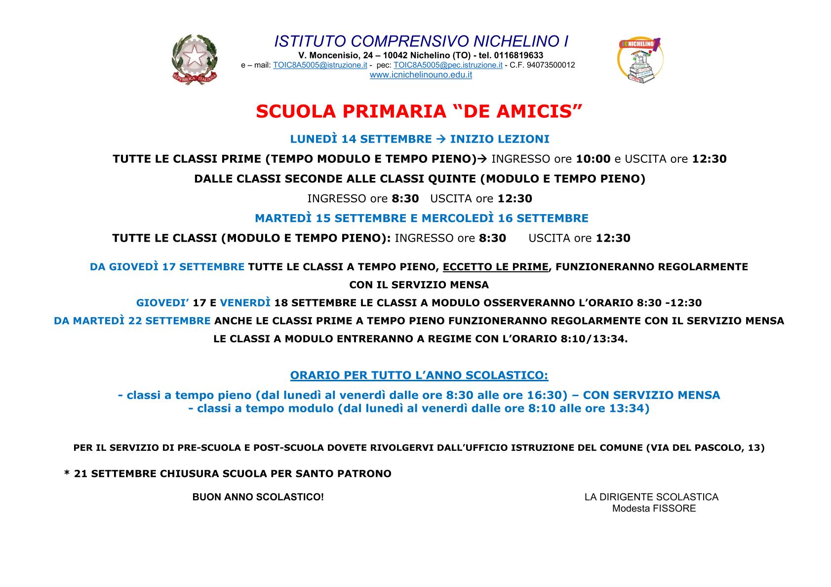 ORARIO AVVIO A.S. 2026-27 PLESSO DE AMICIS