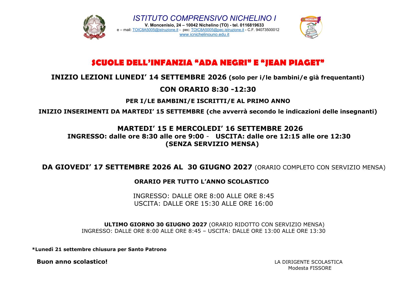 ORARIO AVVIO A.S. 2026-27 PLESSI NEGRI-PIAGET