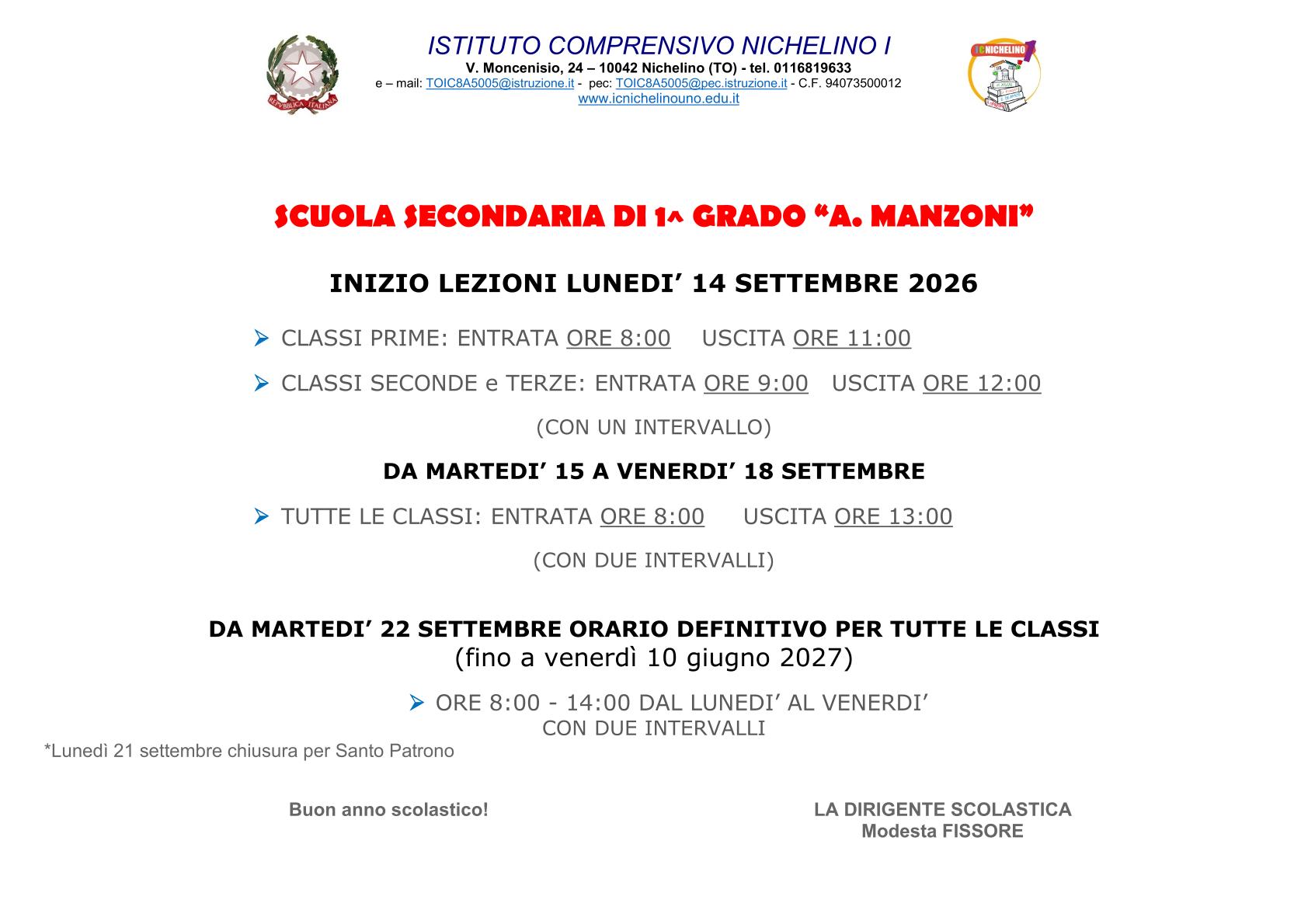 ORARIO INIZIO LEZIONI A.S. 2026-27 MANZONI
